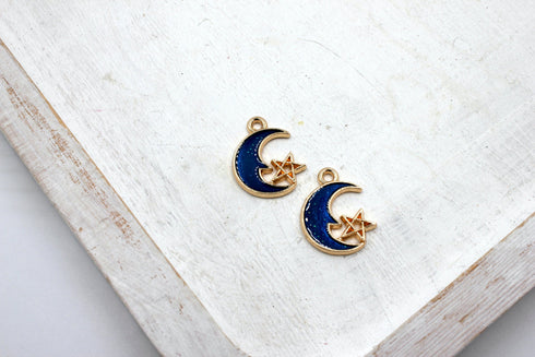 blue enamel half moon galaxy charm, gold plated charms, star charms, blue enamel, mixed metal, 21mm x 15mm, hole 1.5mm, sold as 2 pieces.